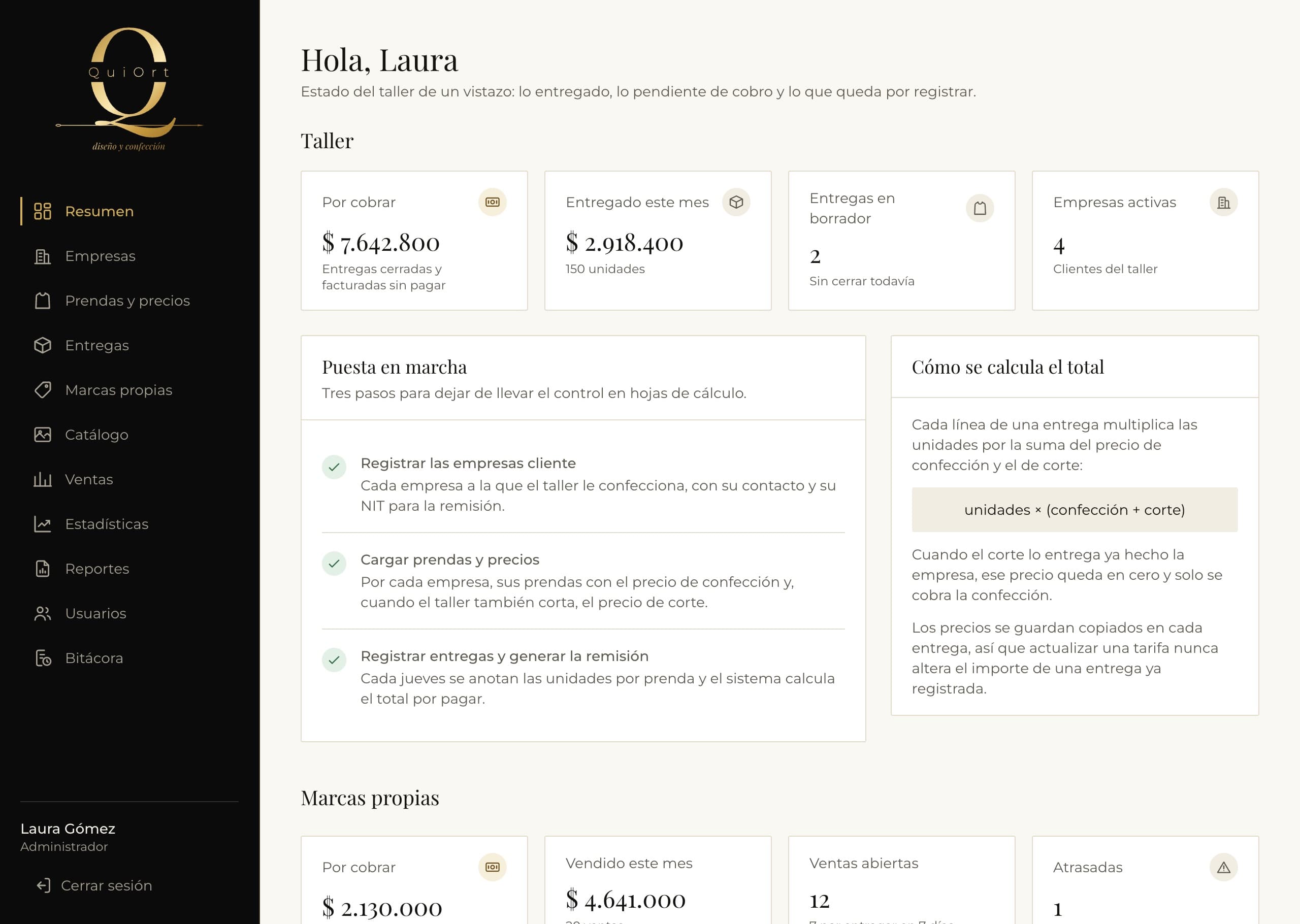 Overview dashboard of the Quiort application